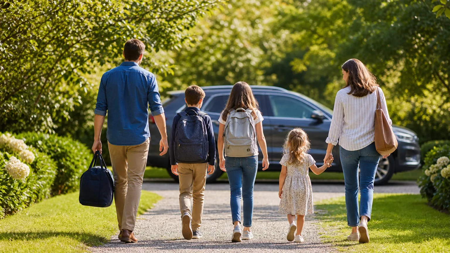 Des parents et leurs trois enfants marchent vers leur voiture familiale garée devant la maison, sacs à la main